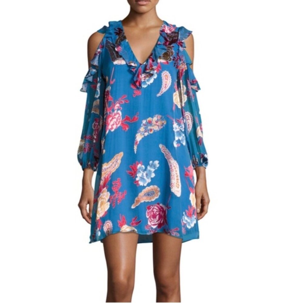 Alice + Olivia Blue Floral Paisley Cold Shoulder Ruffle Silk Blend Mini Dress